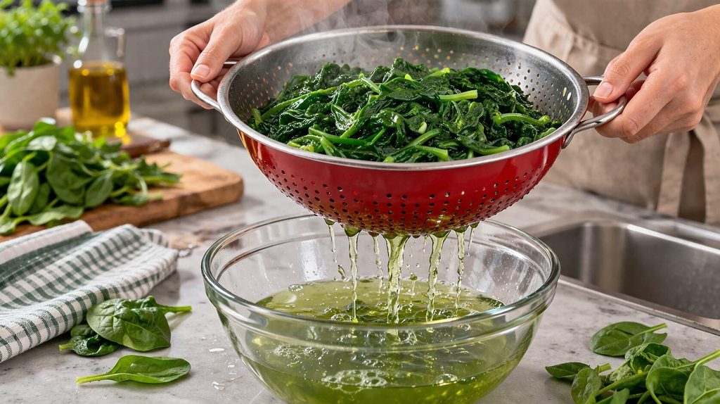 Escurriendo las espinacas para eliminar el exceso de agua antes de preparar el quiche.