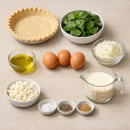 Ingredientes frescos para preparar un quiche de espinacas saludable sin masa.