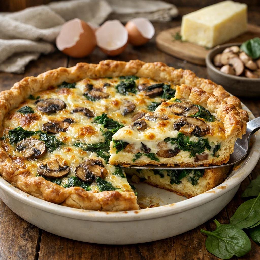 Quiche de espinacas y champiñones con base de hojaldre dorado.