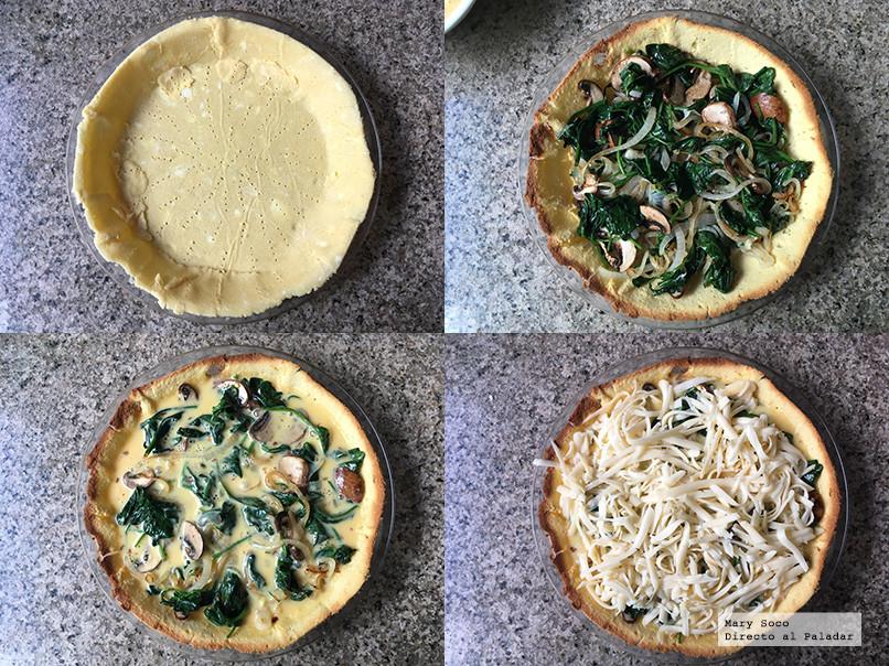Champiñones laminados y espinacas frescas salteados para el relleno del quiche.